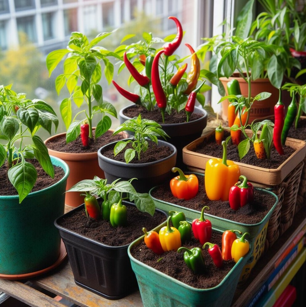 Chillies grown in containers