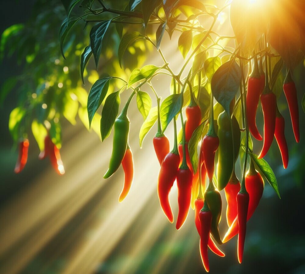 sun on chillies growing in containers